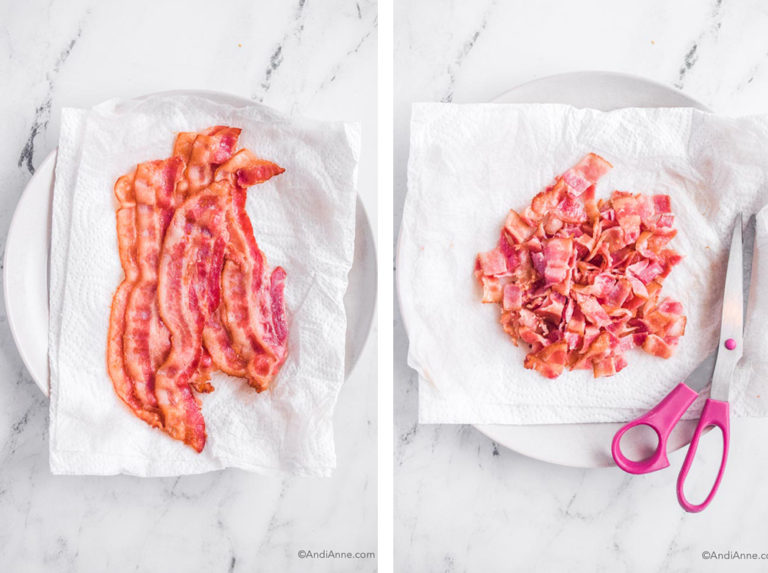 cooked bacon on paper towel, then crumbled with scissors.