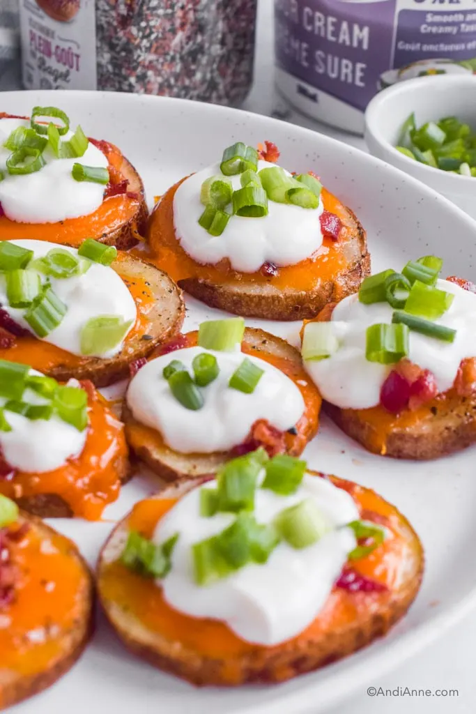 Bacon cheddar potato skins with sour cream and green onions on top. On a white plate.