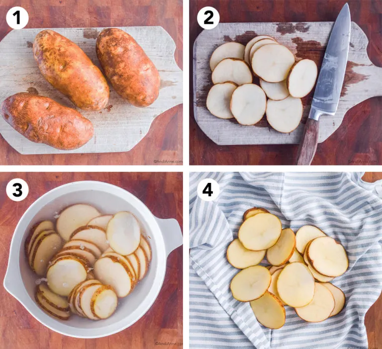 four images: three russet potatoes, sliced potatoes on cutting board with knife, sliced potatoes in white bowl with water, sliced potatoes on a striped kitchen towel.