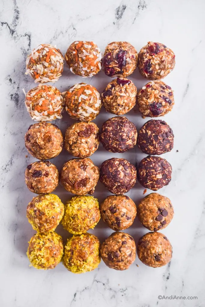 six energy ball flavors assembled in four neat rows.