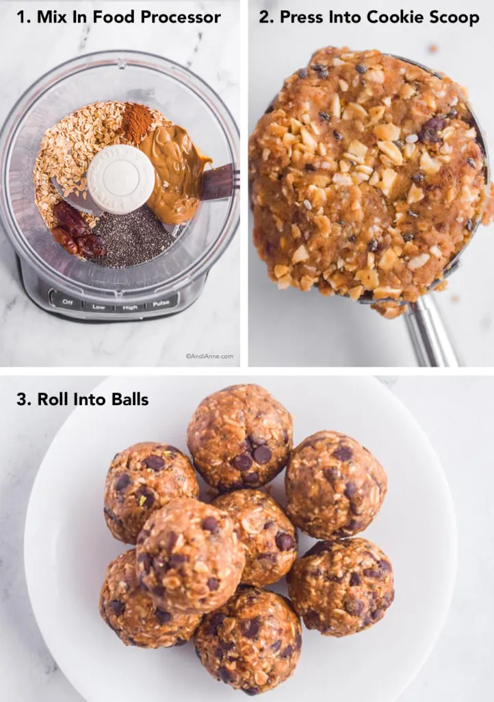 three images: ingredients in food processor, batter in cookie scoop, and energy balls on white plate.