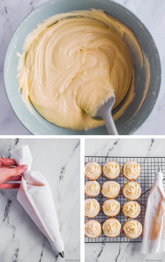 Three images of cream cheese frosting: First is bowl of frosting with grey spatula, second is hand holding piping bag with icing on marble counter, third is 12 cupcakes iced with white frosting on baking rack with piping bag beside.