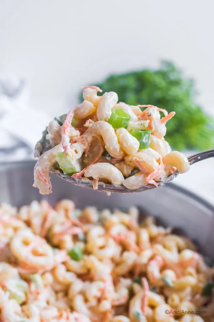 a large bowl of creamy hawaiian macaroni pasta salad