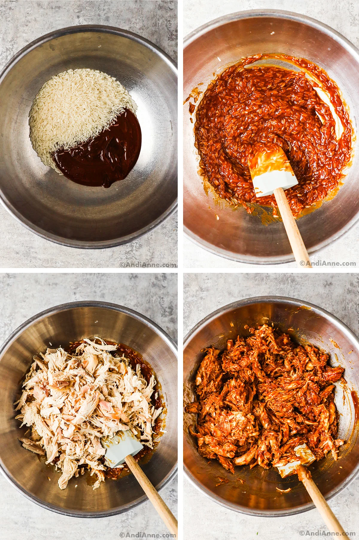 Four images, first is rice and barbecue sauce, second is rice and sauce mixed together, third is shredded chicken dumped over sauce. Fourth is shredded chicken mixed with barbecue sauce.