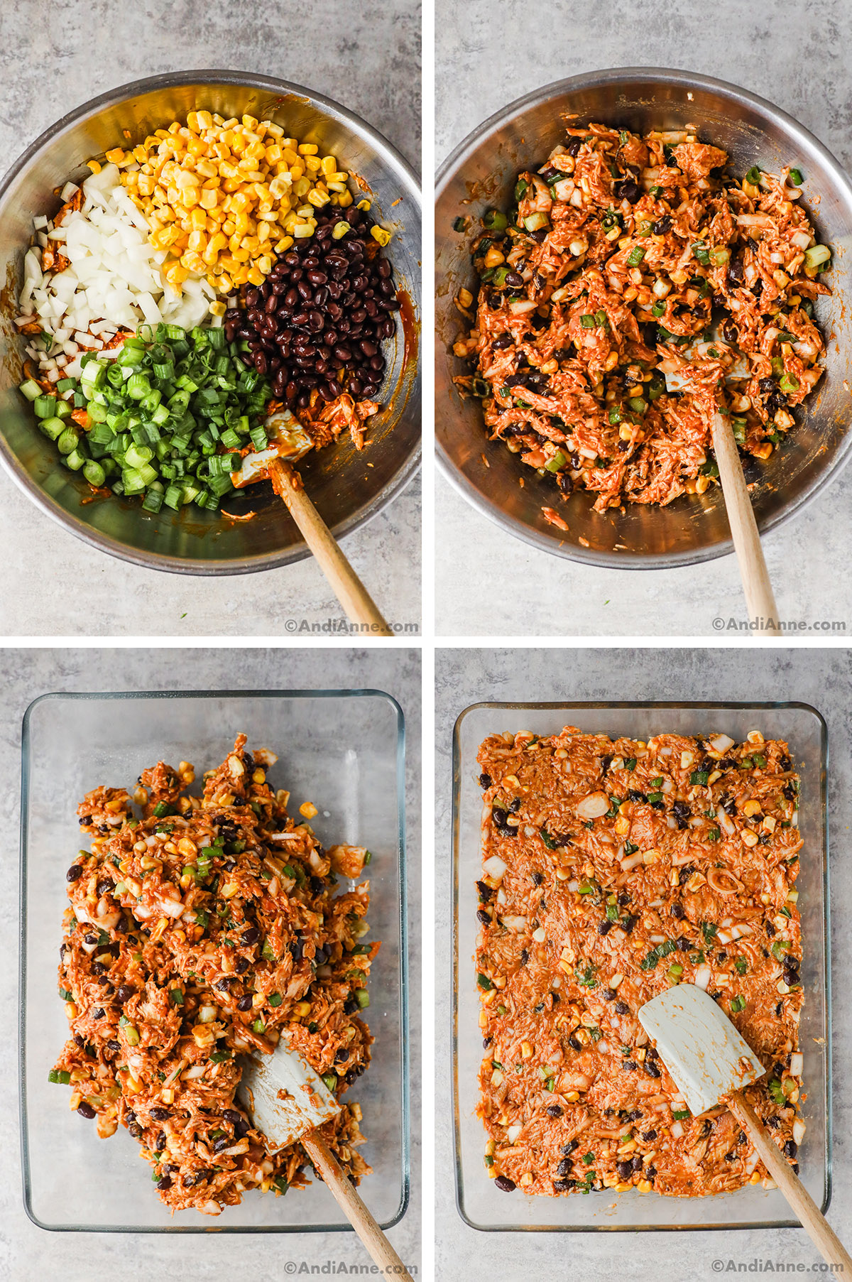 Four images, first is corn, scallions, onion, and black beans dumped over shredded chicken mixture. second image is all ingredients mixed together. Third is shredded chicken mixture dumped into glass casserole dish. Fourth is mixture spread evenly into dish.