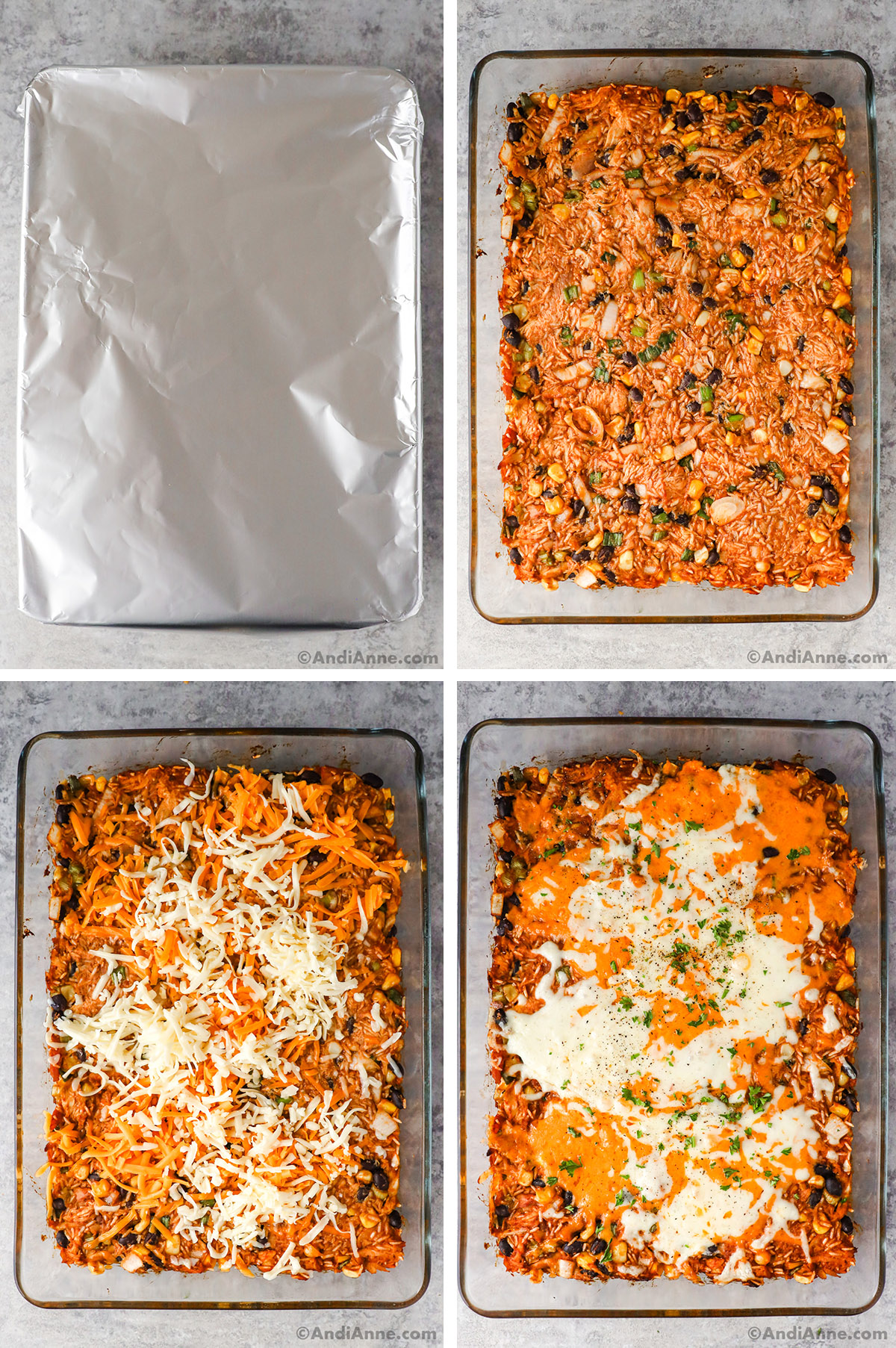 Four images, first is dish covered with foil, second is uncovered shredded chicken mixture in casserole dish. Third has shredded cheese sprinkled over top. Fourth is melted cheese.