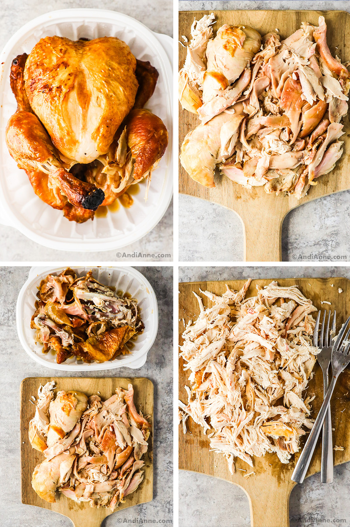 Four images, first is rotisserie chicken, second chicken pieces on cutting board, third is chicken pieces and leftovers in a container, last image is shredded chicken on cutting board with two forks beside.