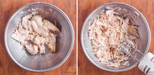 chopped chicken in a steel bowl, then it's shredded with a hand mixer in same bowl