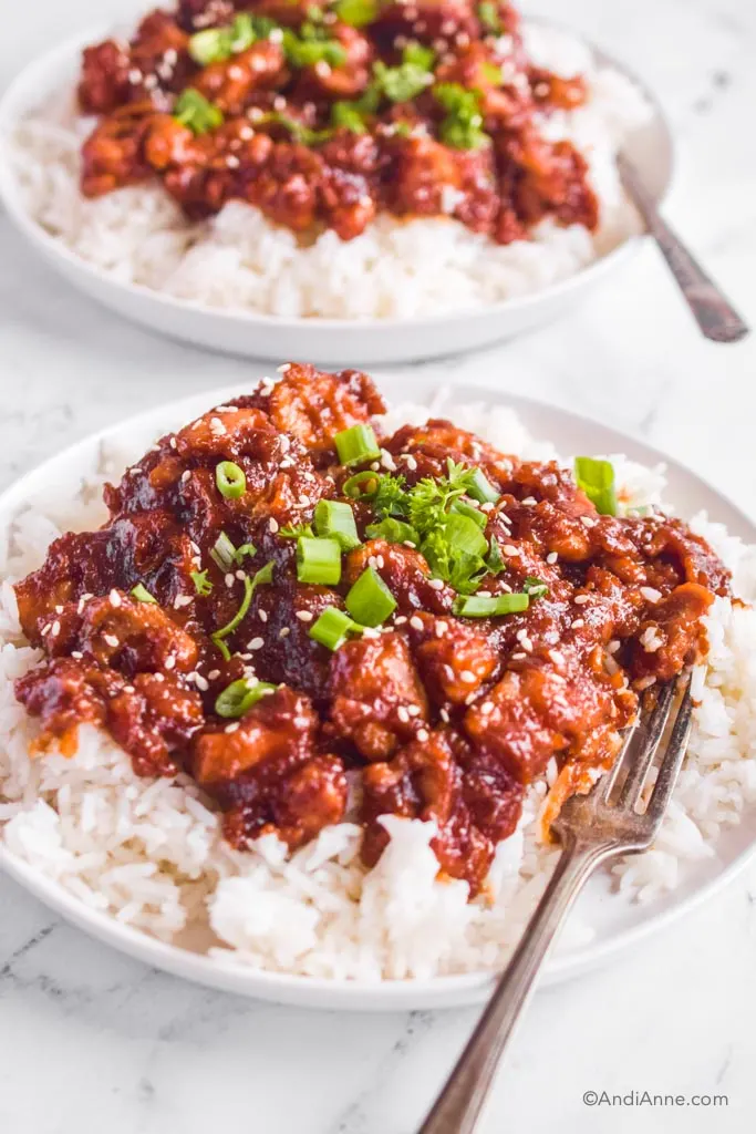 two plates with white rice, chicken in sauce, green onion on top and forks beside.