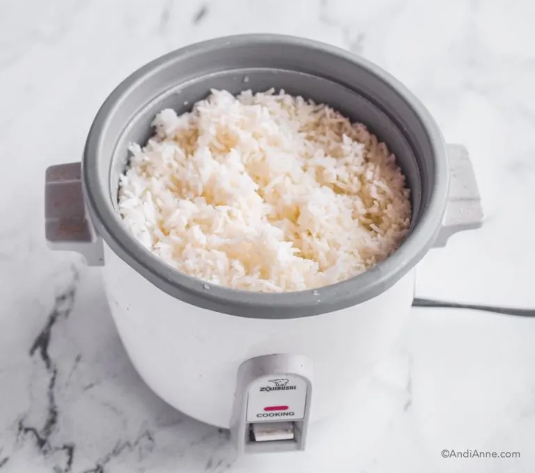 rice cooker with white rice in it.