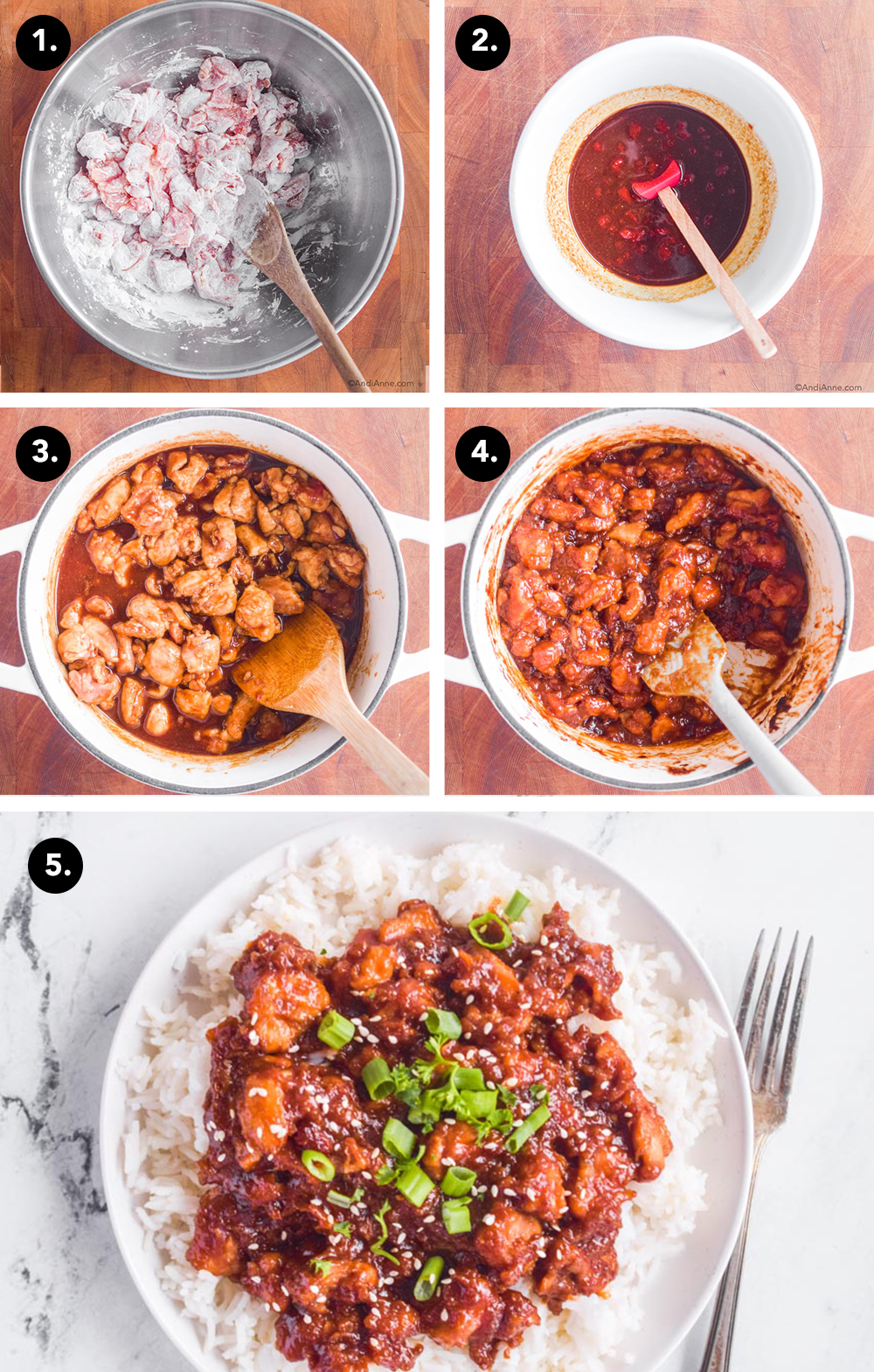 five separate images showing steps to make the recipe: first, chopped chicken in cornstarch in a bowl. Second, a bowl of sauce. Third, chicken in white pot with sauce mixed in. Fourth, cooked chicken in sweet and sour sauce in white pot. Fifth, white plate with rice and sweet and sour chicken on top with fork beside it.