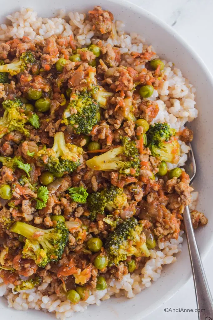 Close up of ground turkey teriyaki with broccoli and rice recipe. 