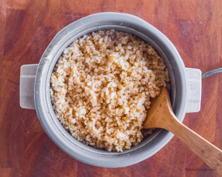 brown rice in a rice cooker with wood spatula