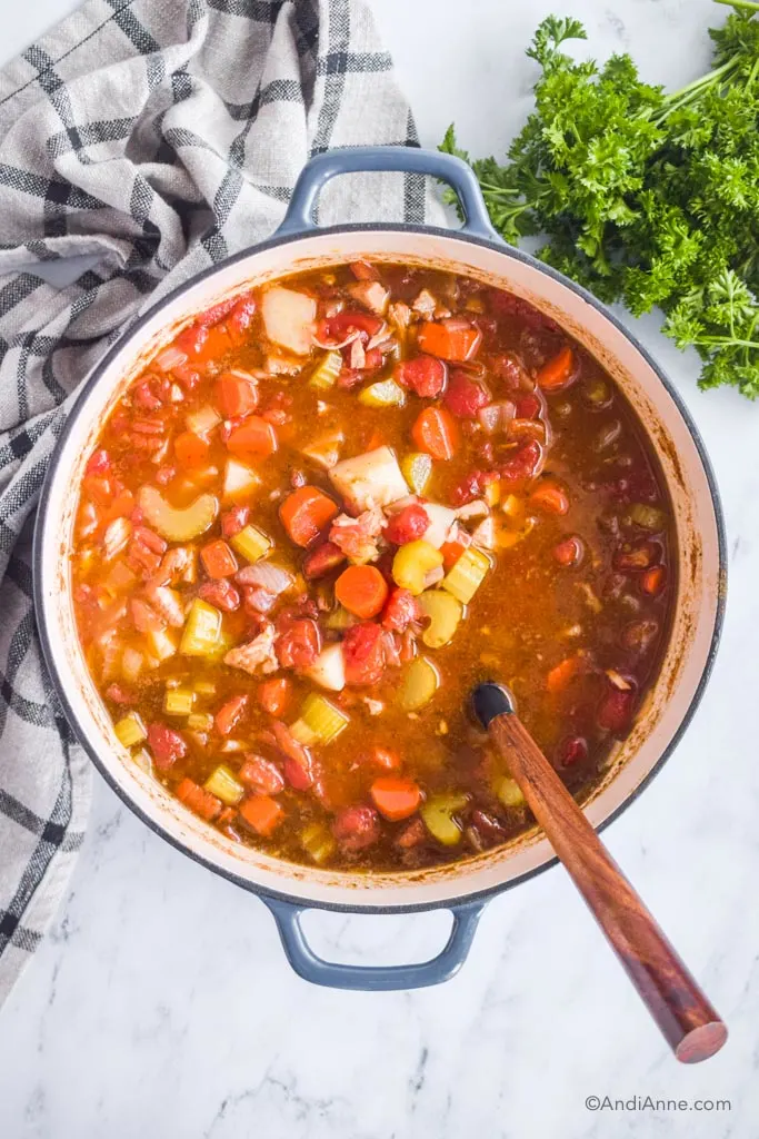 turkey carcass soup with carrots, celery, potatoes and tomatoes in a dutch oven with kitchen towel and parsley beside it.