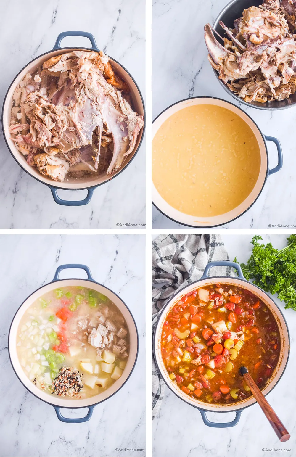 four photos: turkey carcass in large pot with water, turkey bone broth in pot with carcass in bowl beside it, raw vegetables in broth with chopped turkey, cooked turkey carcass soup with soup ladle and parsley beside it