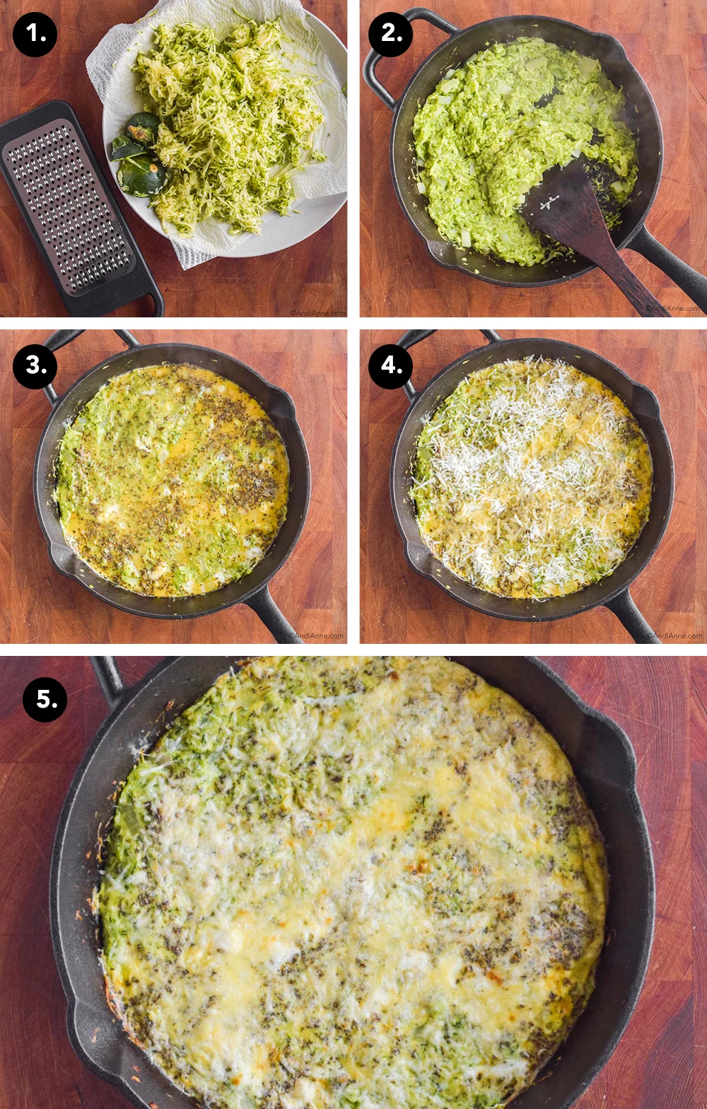 five images to make zucchini parmesan frittata. First a plate with grated zucchini and grater. Second with grated zucchini, onion and garlic in skillet, third - egg mixture poured over top of zucchini in skillet. Fourth - grated parmesan sprinkled overtop. Fifth - cooked zucchini parmesan frittata.