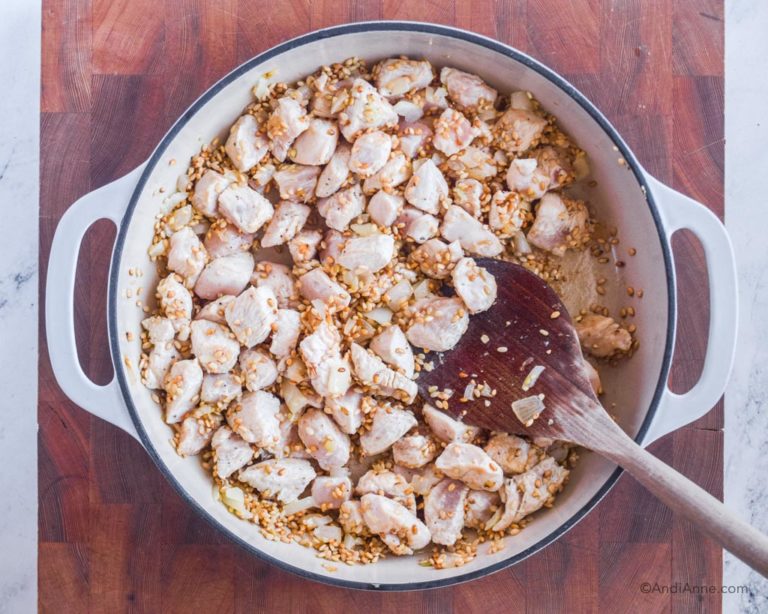 rice, chicken and onions in white pot with wood spatula