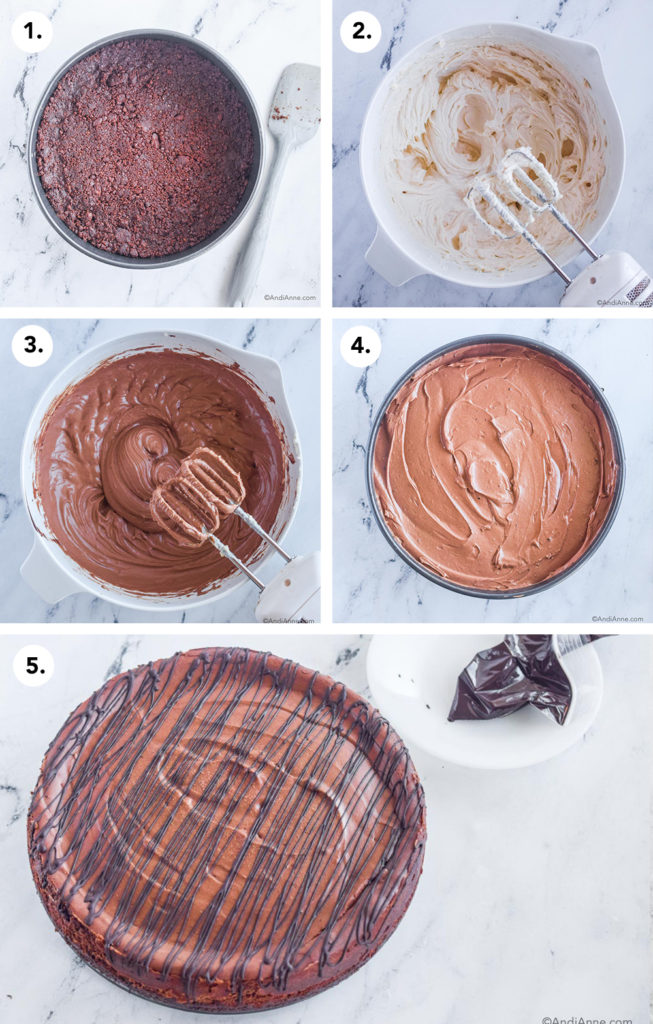 Five steps to make chocolate cheesecake: press crust into springform pan, mix cream cheese, mix chocolate with hand mixer, poured cheesecake in springform pan, and finished cheesecake with melted chocolate drizzled overtop.