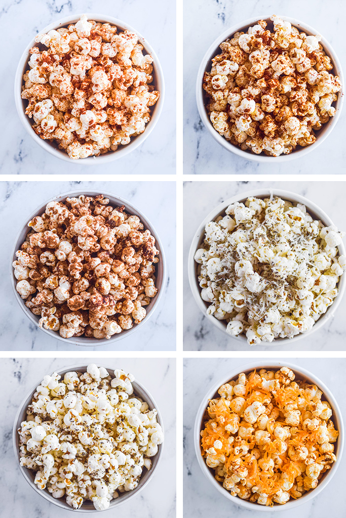 six popcorn seasoning recipes in white bowls stacked side by side