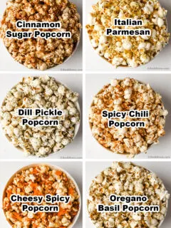 Six bowls of popcorn with different seasoning flavors including cinnamon sugar, italian parmesan, dill pickle, spicy chili, cheesy spicy and oregano basil.