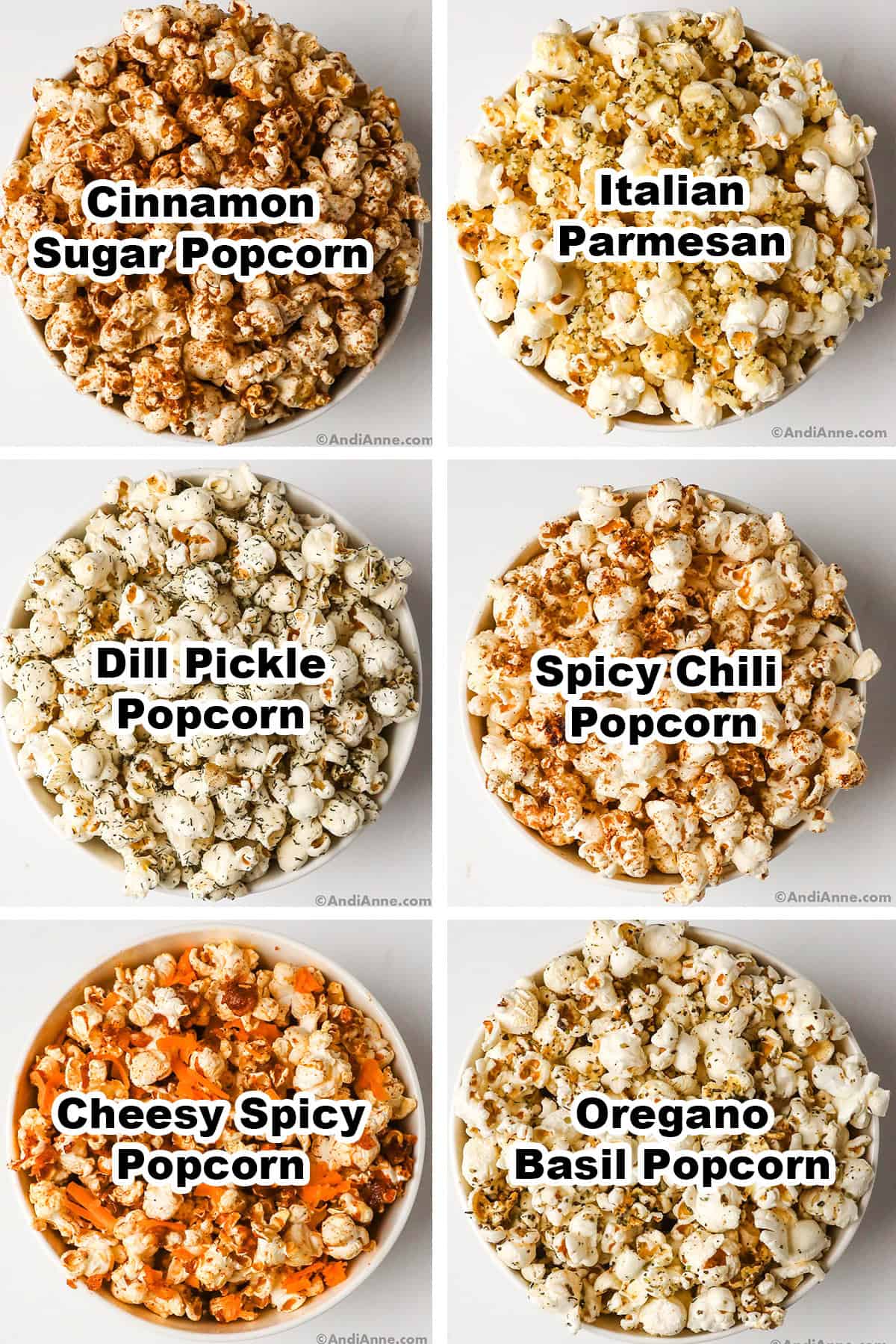 Six bowls of popcorn with different seasoning flavors including cinnamon sugar, italian parmesan, dill pickle, spicy chili, cheesy spicy and oregano basil.