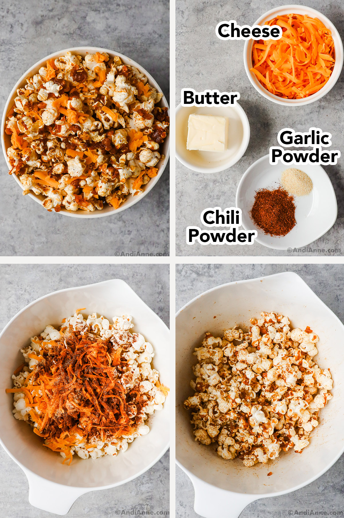 Four images of cheesy spicy popcorn. First is bowl of it. Second are ingredients separated in dishes. Third is popcorn in bowl with ingredients dumped on top. Fourth is ignredients mixed.