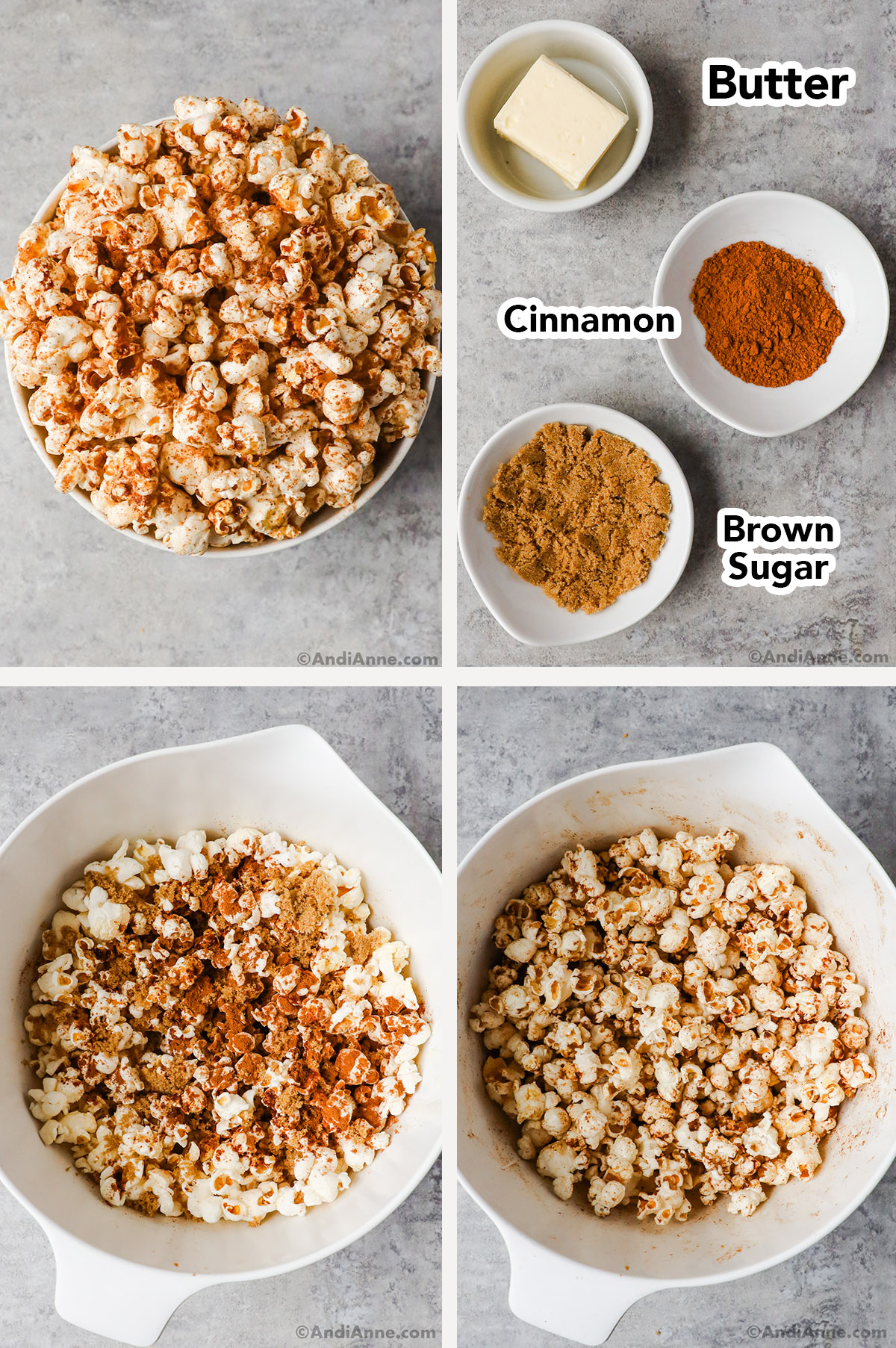 Four images of cinnamon sugar popcorn. First is bowl of it. Second is small bowls of ingredients. Third and fourth is popcorn being mixed in a large bowl. 