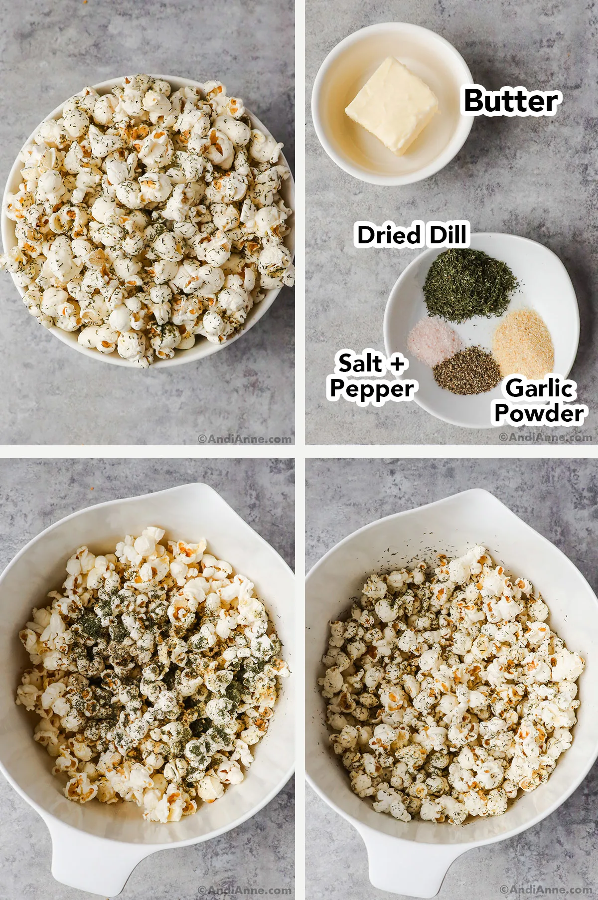 Four images of dill pickle popcorn. First is bowl of it. Second is bowls of ingredients. Third and fourth are ingredients in big white bowl being mixed.