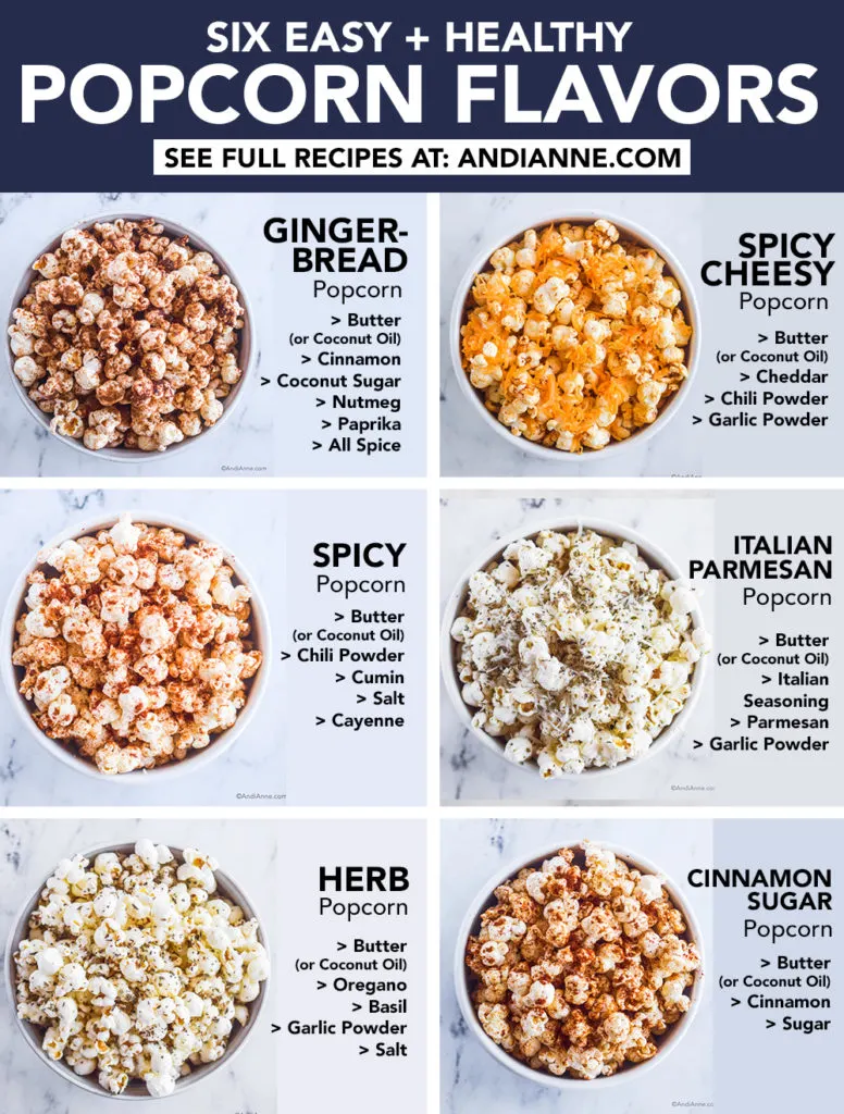 Image of popcorn flavors in bowls with text of ingredients listed beside each one. Gingerbread, spicy cheesy, italian parmesan, herb, spicy and cinnamon sugar.
