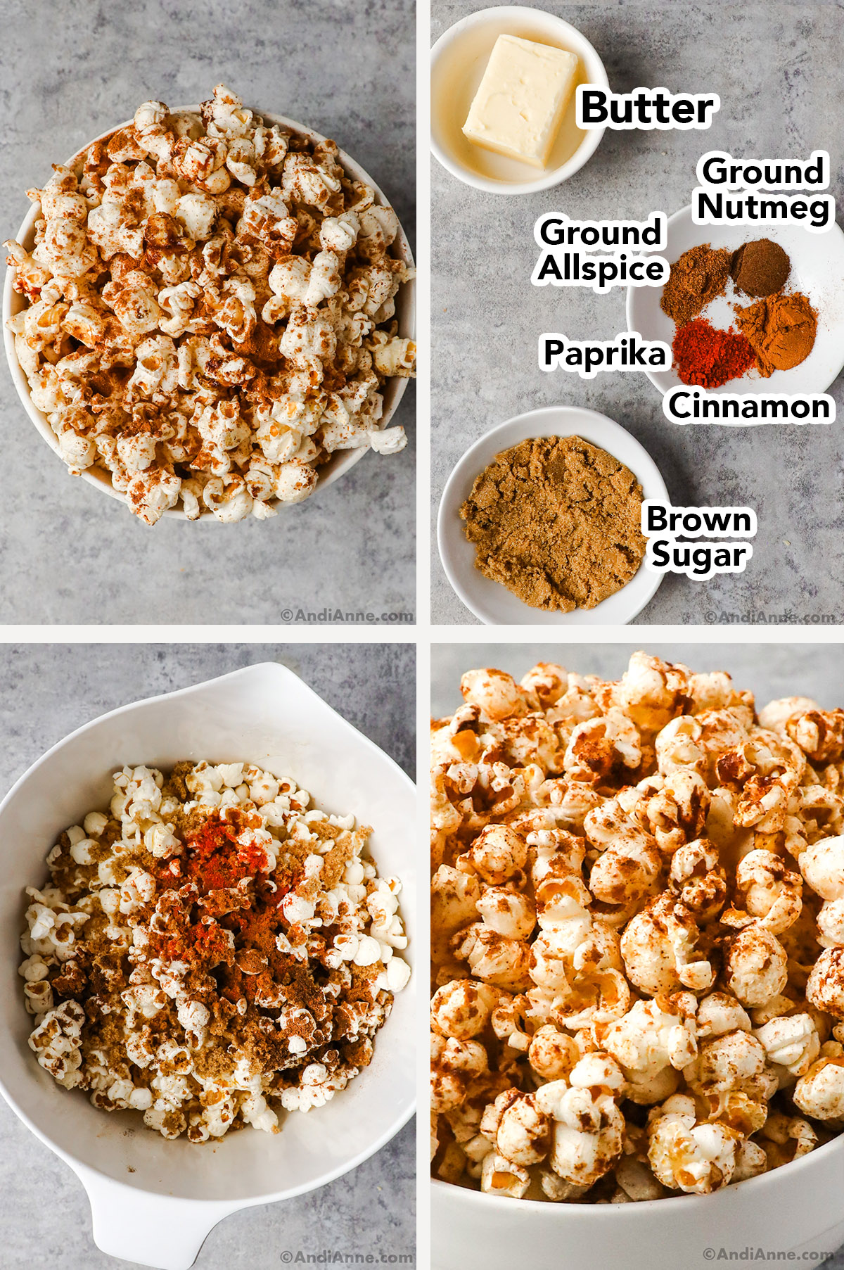 Four images of gingerbread spice popcorn flavor, first is bowl of the popcorn, second is recipe ingredients separated in small dishes, third is popcorn with spices sprinkled on top. Fourth is popcorn close up detail. 