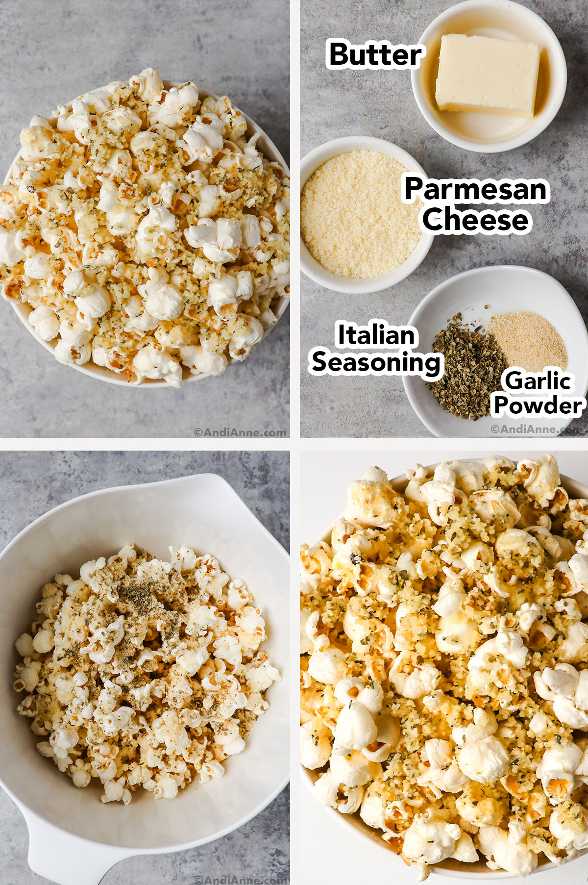 Bowl of italian parmesan popcorn flavor, recipe ingredients separated in into small bowls including butter, parmesan and spices. Third image is bowl with popcorn and spices dumped on top. Fourth is close up of the popcorn with parmesan chunks detail.