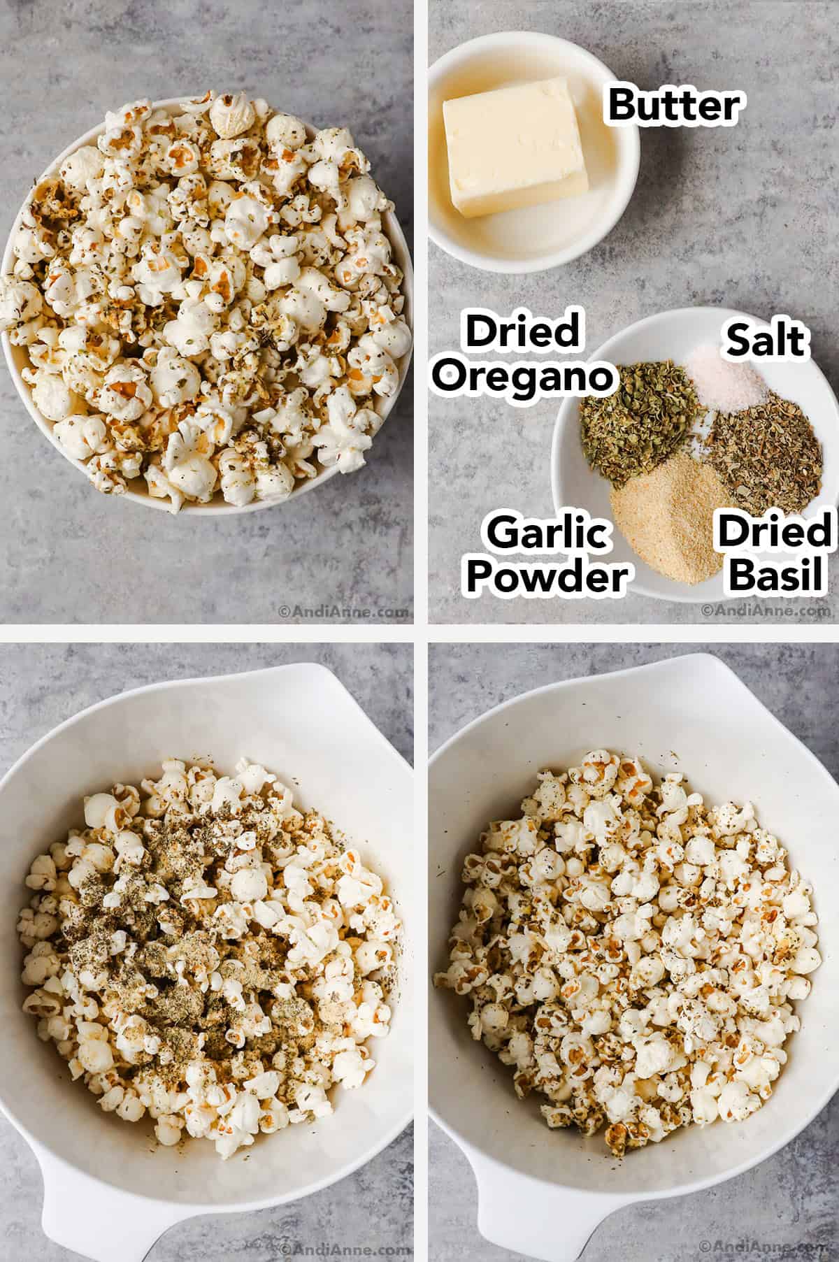 Four images of basil oregano flavored popcorn, first image is a bowl of the flavored popcorn, second a bowl of butter and dish with spices, third and fourth are bowls of popcorn being mixed with ingredients.