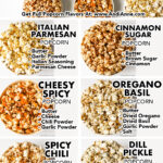 six different popcorn flavors in separate bowls including italian parmesan, cinnamon sugar, cheesy spicy, oregano basil, spicy chili and dill pickle