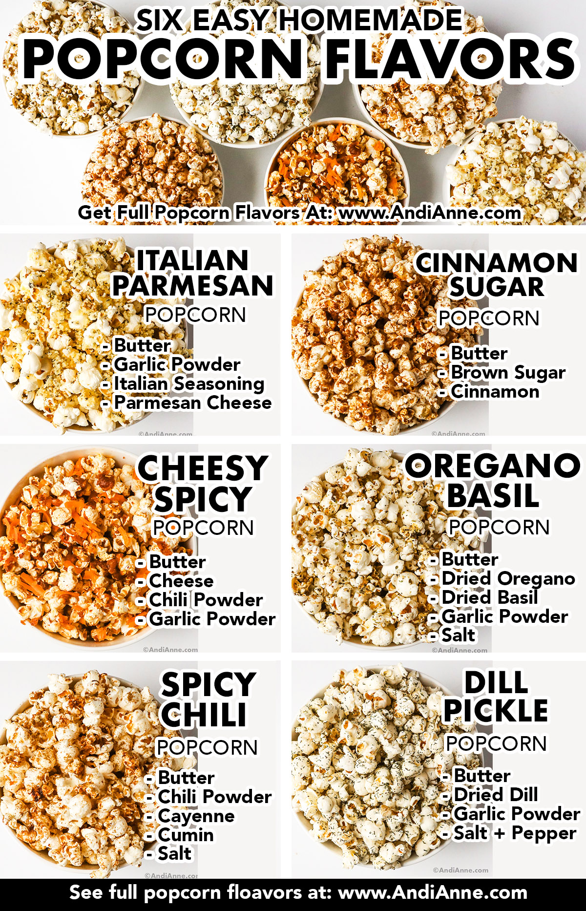 six different popcorn flavors in separate bowls including italian parmesan, cinnamon sugar, cheesy spicy, oregano basil, spicy chili and dill pickle