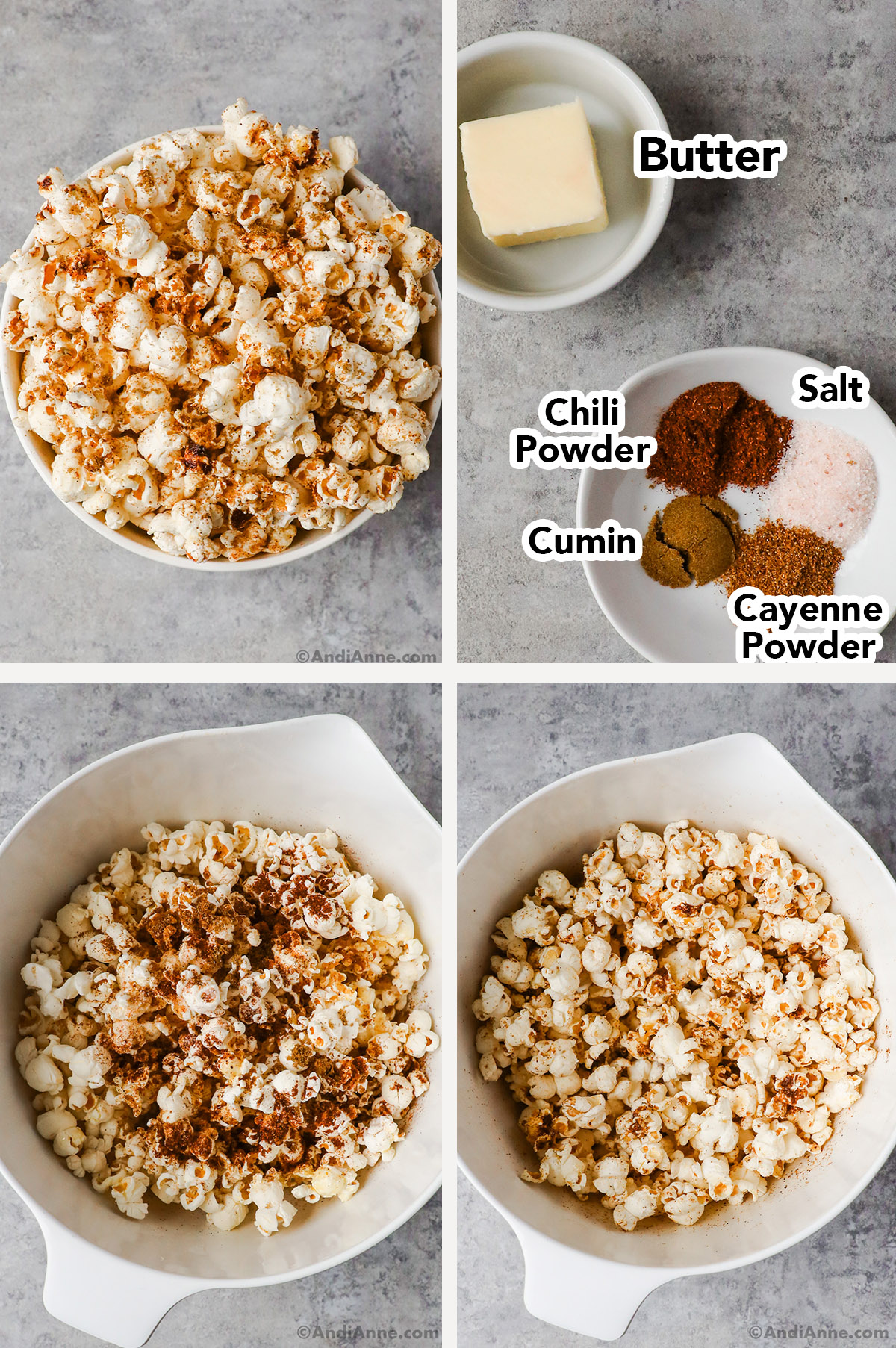 Four images of spicy chili popcorn. First small bowl of it. Second recipe ingredients in small dishes. Third and fourth large bowls of the popcorn