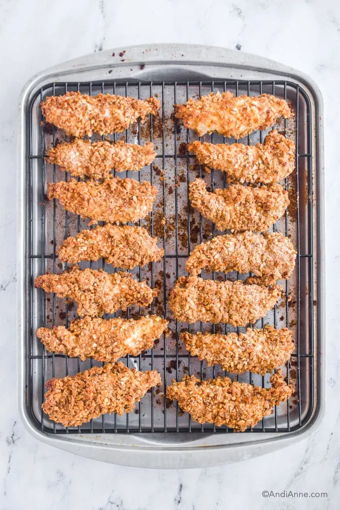 chicken strips on a baking rack