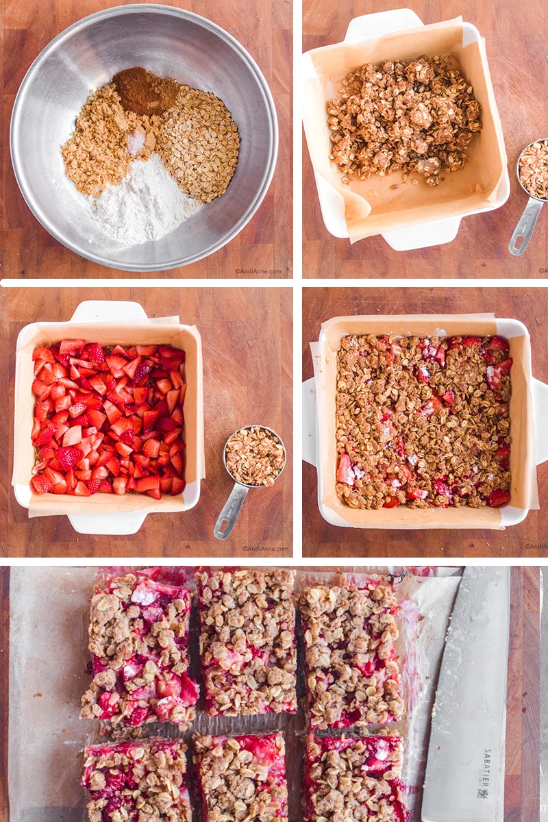 five images showing steps to make the recipe including ingredients in a steel bowl, mixed in a baking dish and bars sliced with a knife.