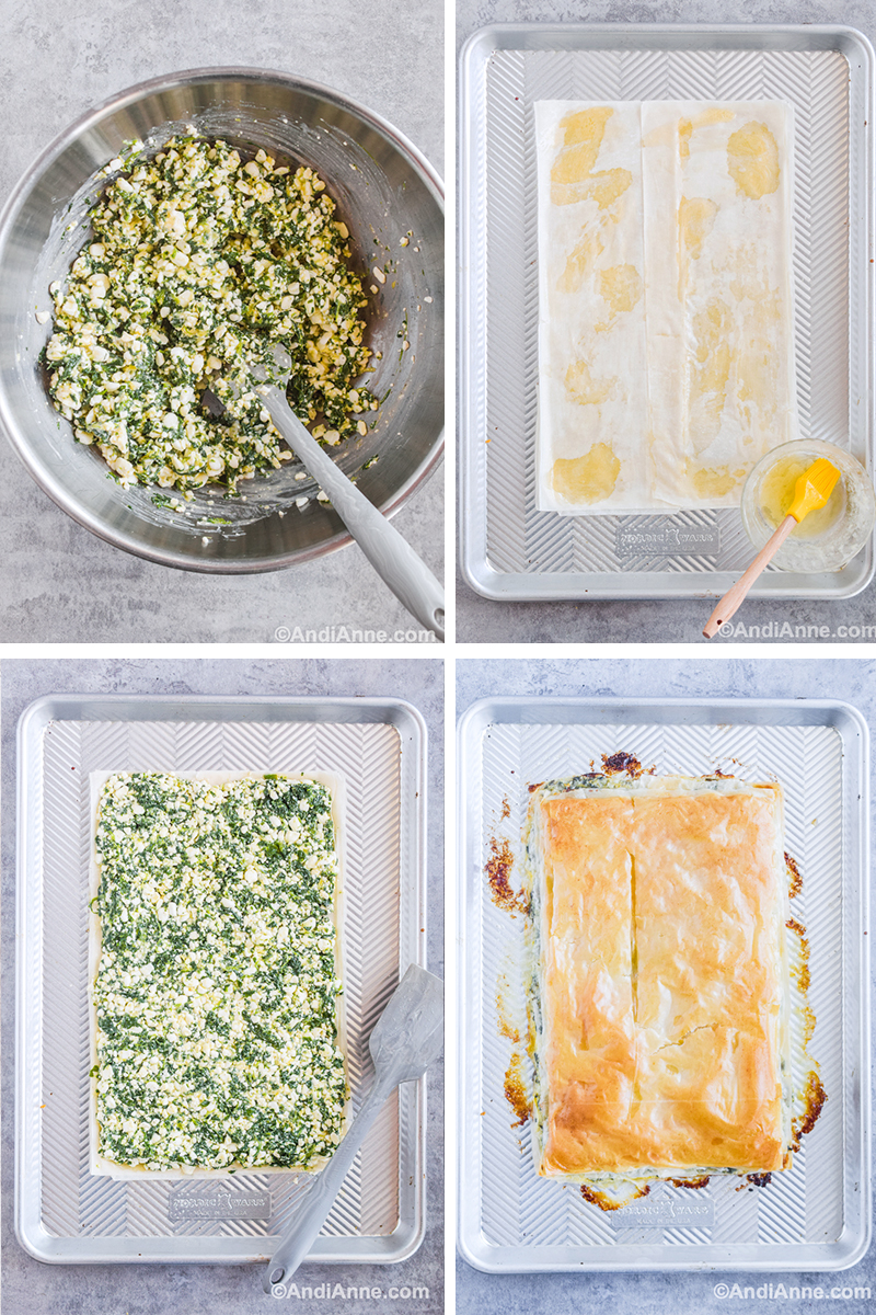 Four images of steps to make recipe. First is bowl with spinach filling ingredients. Second is phyllo dough on baking sheet with bowl of melted butter beside. Third is Spinach filling on top of phyllo dough. Fourth is baked spinach pie and crispy phyllo pastry.