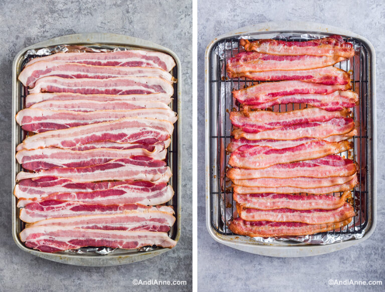 Bacon on a baking rack, raw and cooked versions.