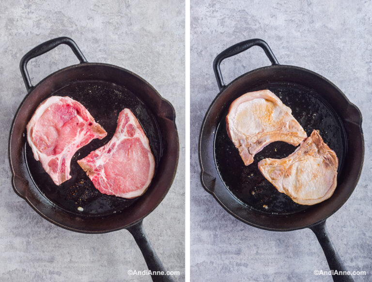 Two images of frying pan, first with raw pork chops, second with seared pork chops.