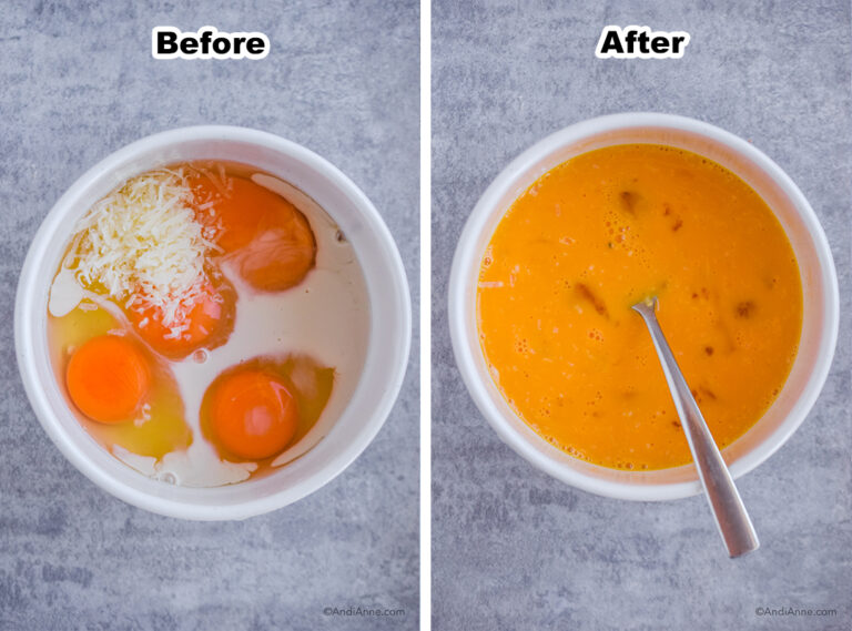 two images: first bowl with egg, parmesan and milk. Second bowl with ingredients combined and fork.