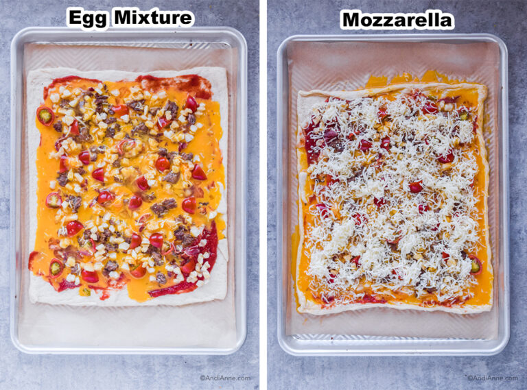 two images: pizza dough with toppings, then dough with toppings and mozzarella on top.