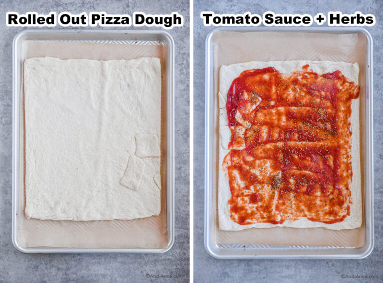 two images, first is pizza dough on baking sheet, second is pizza dough with sauce and spices.