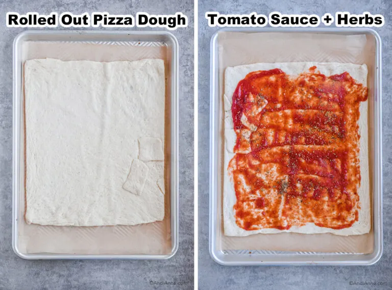 two images, first is pizza dough on baking sheet, second is pizza dough with sauce and spices.