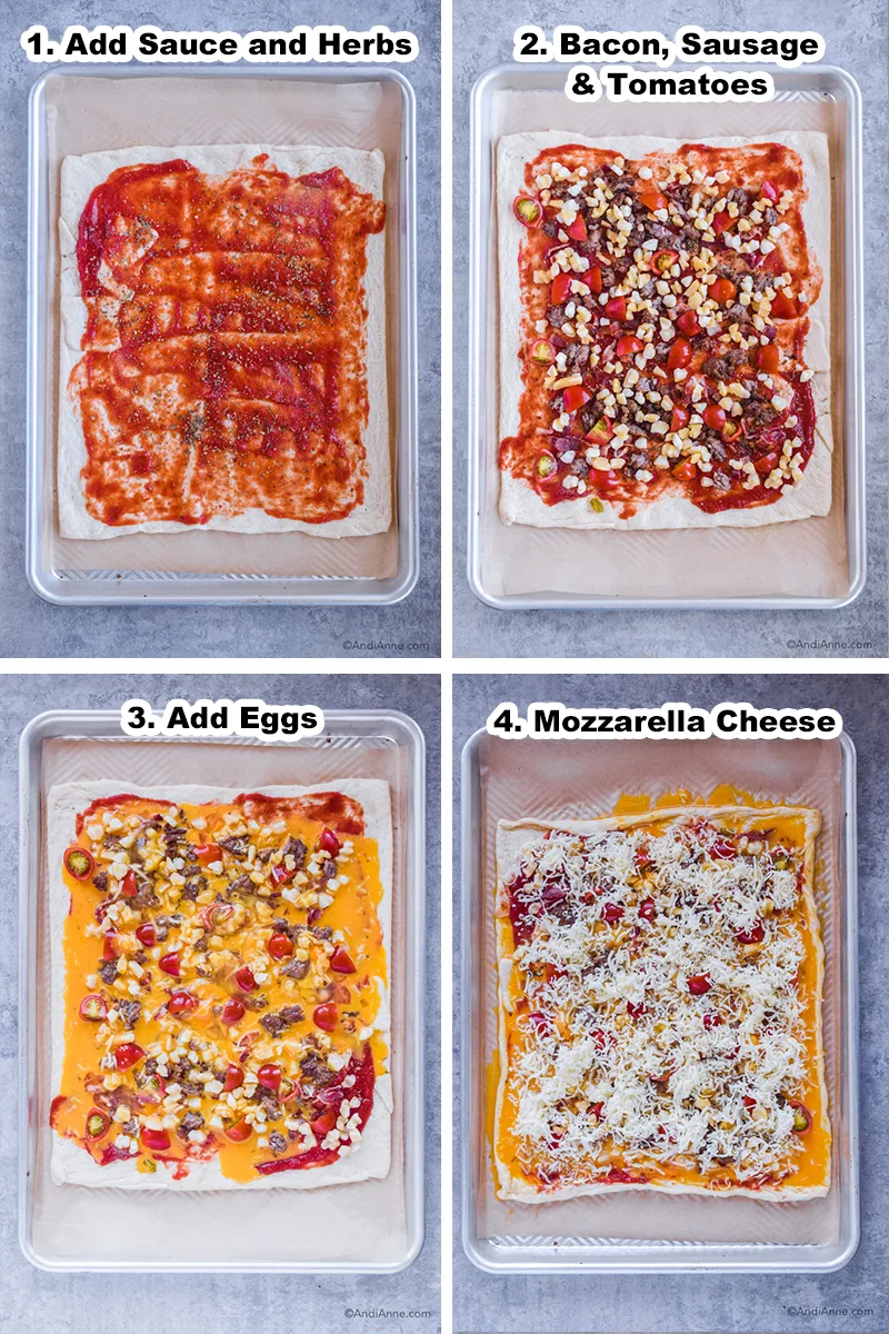 Four steps to assemble the pizza including spreading sauce, adding toppings, poured egg mixture, and freshly grated mozzarella cheese.