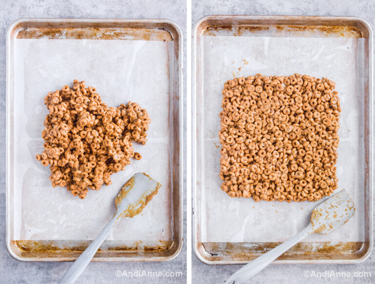 Two images of a baking sheet, first with cheerio mixture dumped on top, second image is smoothed into a square with spatula below.