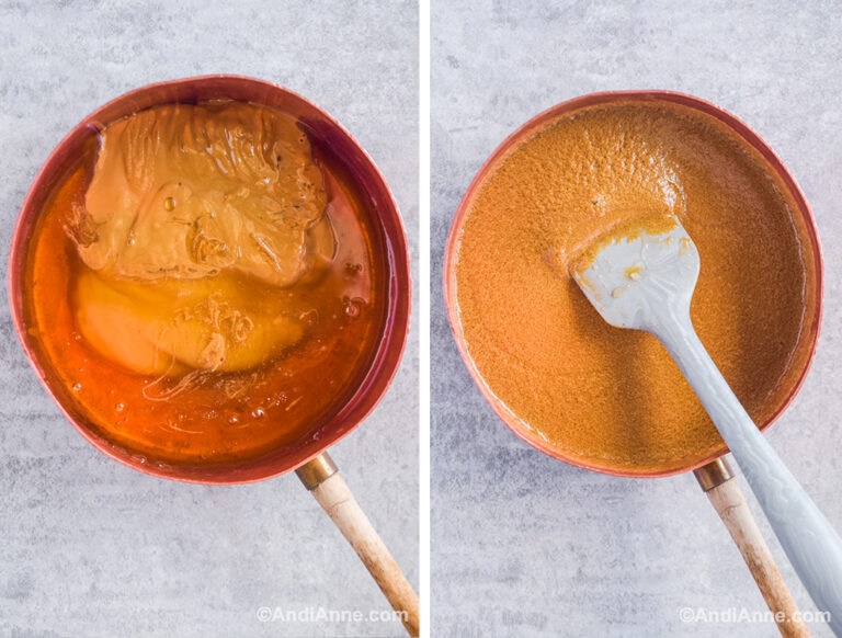Two images of copper pot. First with ingredients dumped in. Second with ingredients melted and a spatula.