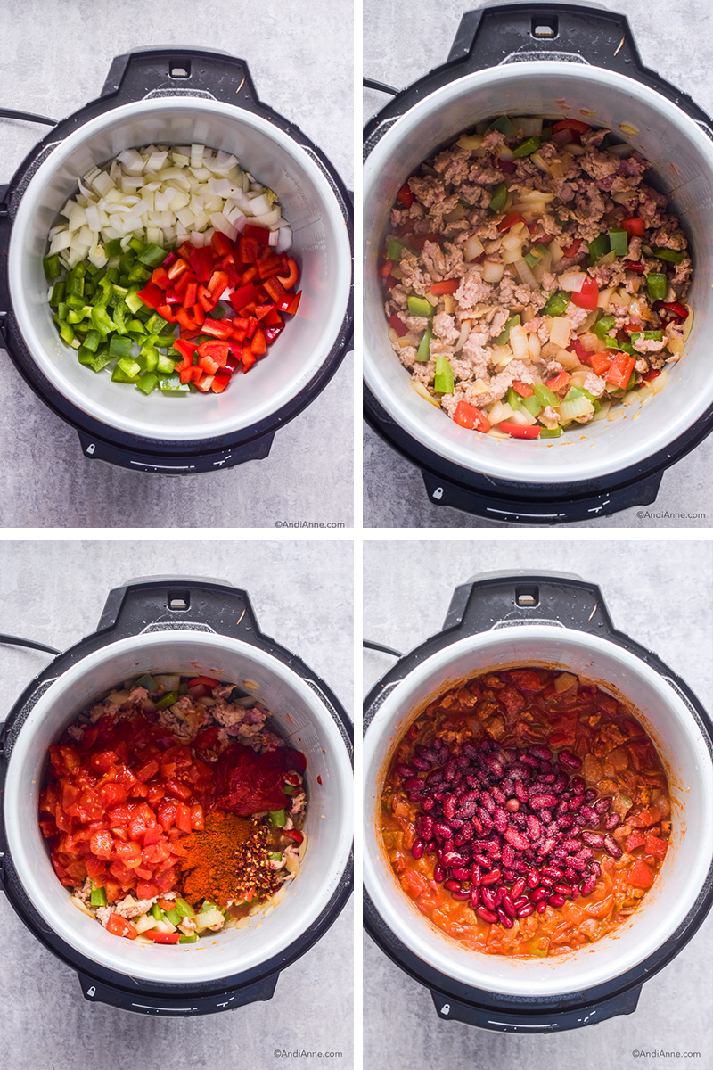 Four instant pot images grouped together showing steps to make soup: first with veggies, second adding ground chicken, third adding diced tomatoes and spices, fourth adding kidney beans.