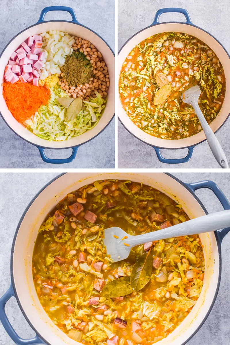 Three images in a blue dutch oven pot. First with ingredients separated. Second with ingredients mixed together uncooked, third with cooked soup and spatula.