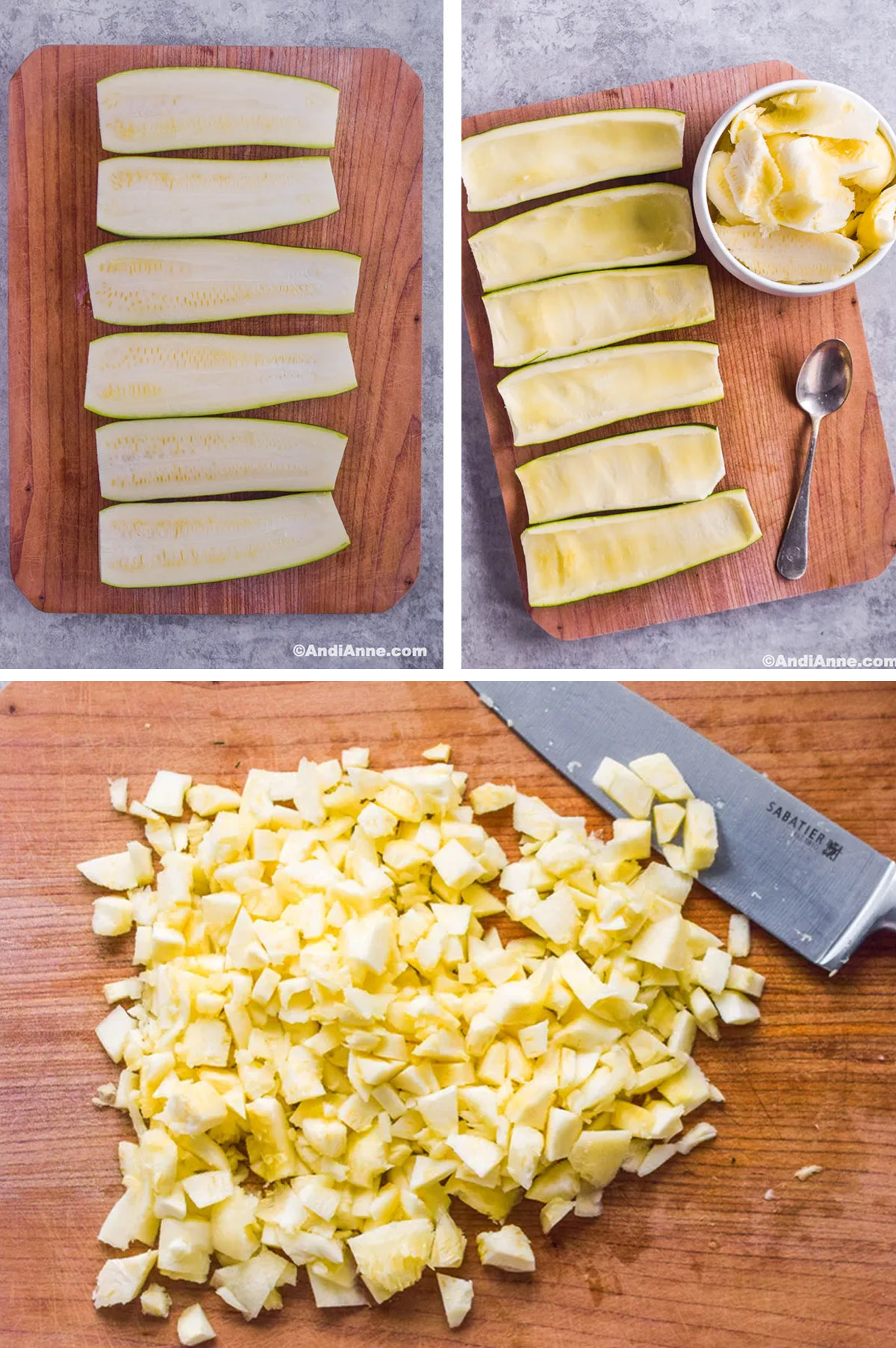 Three images: first is halved zucchinis on a cutting board. Second is zucchini flesh scooped out into a bowl. Third is chopped zucchini flesh into bite size pieces.